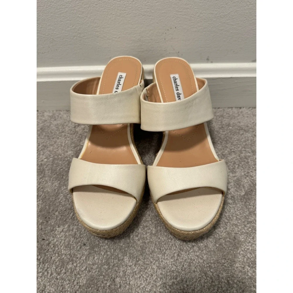 Charles David Cream Ivory Pearl Jute Espadrille Wedge Sandals Women's 10M Slides - Picture 2 of 7